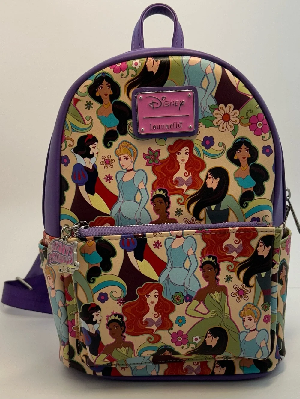 Loungefly Disney Princess Groovy Floral Mini Backpack Purple Ariel Tiana⁠ Jasmin